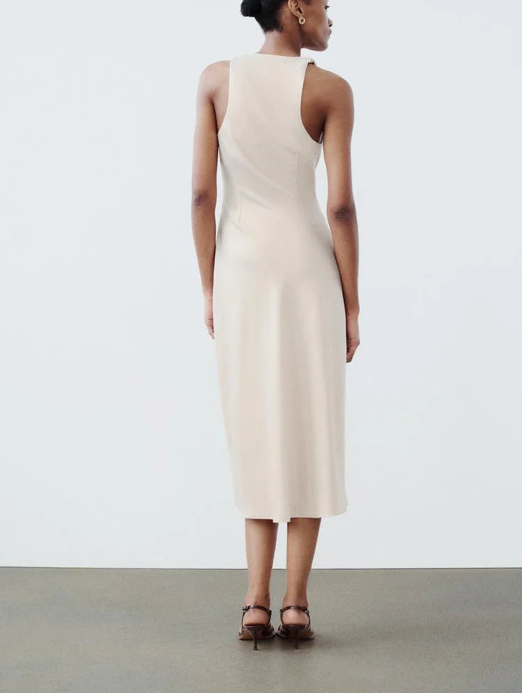 Early Autumn Silk Satin Texture Midi Dr High Waist A-Line Skirt No Sve round Ne Par Dr for Ladies in Their 20s