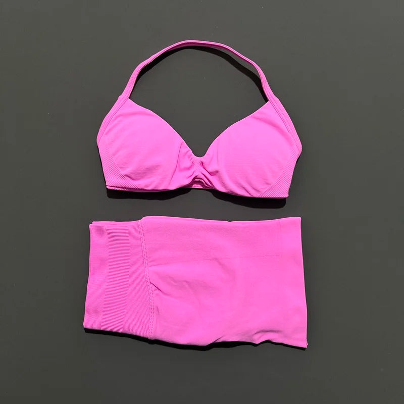 2 Piece Sports Gym Set Strappy Bra Yoga Underwear Short Sport Leggings Bicycle Running Sportswear Woman Seamless Yoga Set
