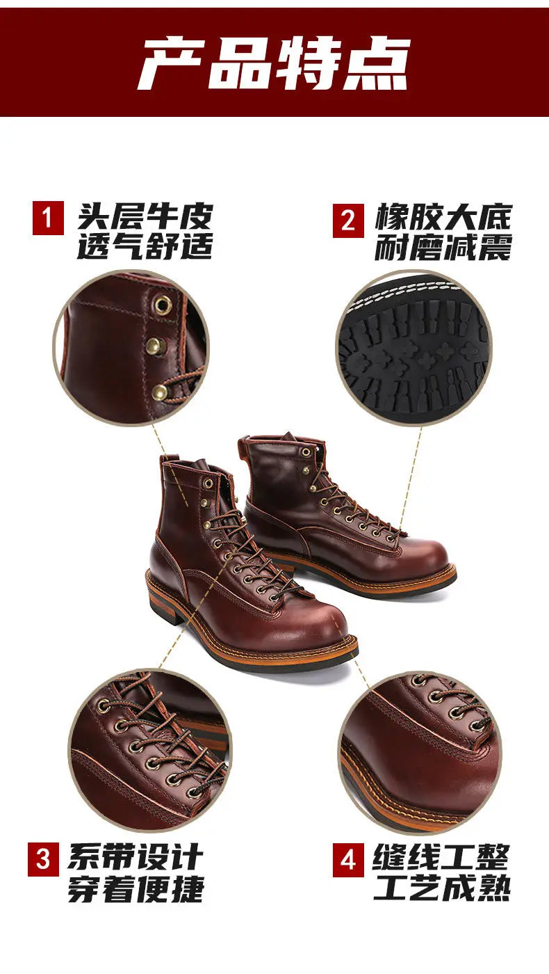 KOWM Hiking shoes cowhide men's trekking boot British ankle casual sneakers trekking shoes thick soled high top motorcycle boots