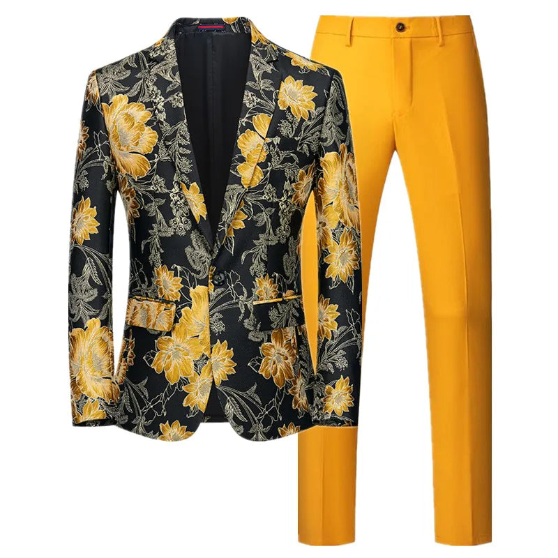 (Jacket + Trousers) Fashion Men Jacquard Suits, High Quality Male Business Social Groom Wedding Party Flower Dress Set
