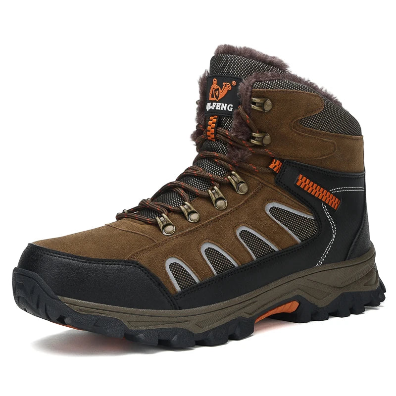Mens Trekking Boots Thick Soles Wear-resistant Suede Leather Breathe Lace Up Sneakers Winter Warmth Comfort Camping Hiking Shoes