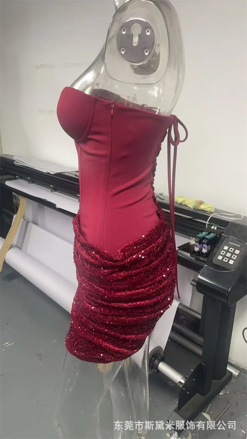 Red & White Sequin Halter Neck Mini Dress with Detachable Scarf ,Strapless Bodice, Bodycon Fit, Evening Party Club Wear Dress