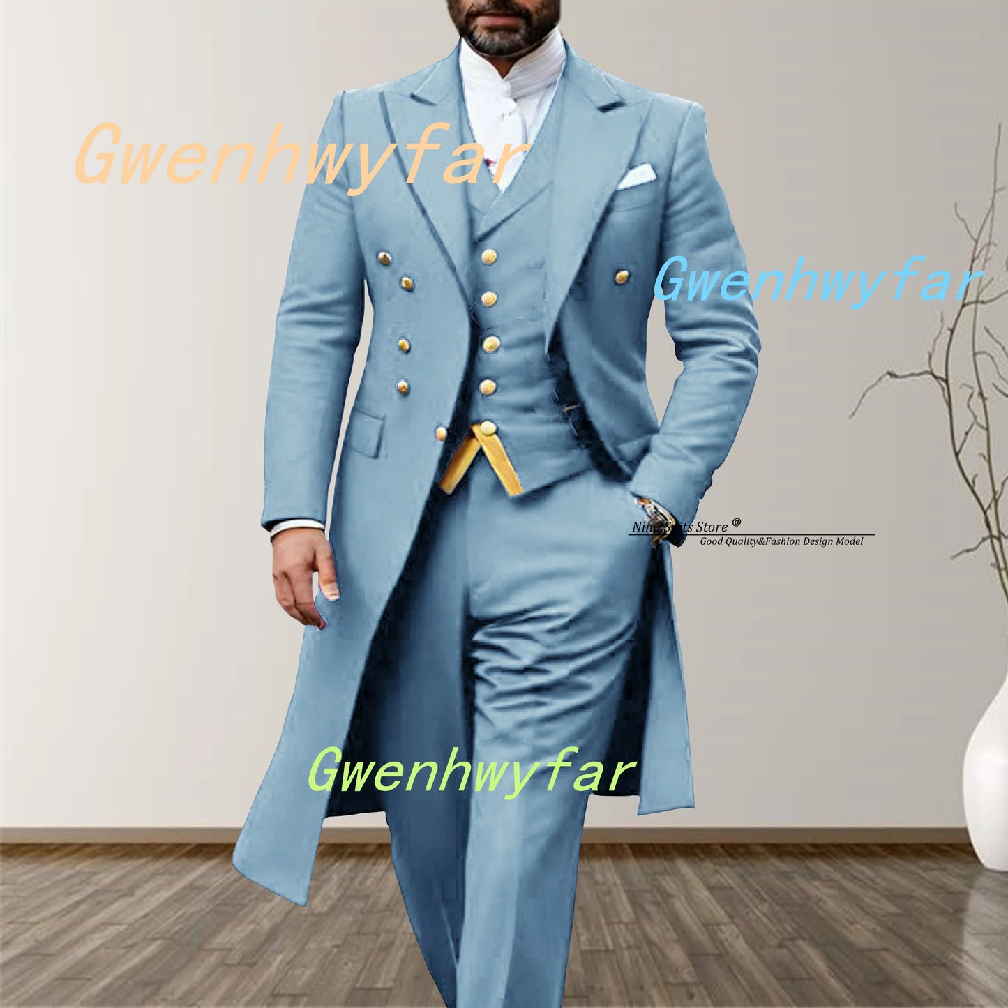 Gwenhwyfar 2025 Elegant Long Men's Suits 3-piece set of Turquoise Men's Wedding Costume with Golden Stitching Vest Casual Pants