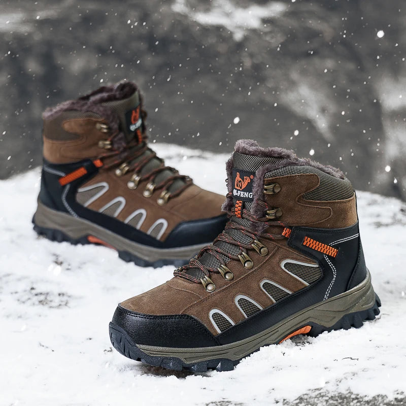 Mens Trekking Boots Thick Soles Wear-resistant Suede Leather Breathe Lace Up Sneakers Winter Warmth Comfort Camping Hiking Shoes