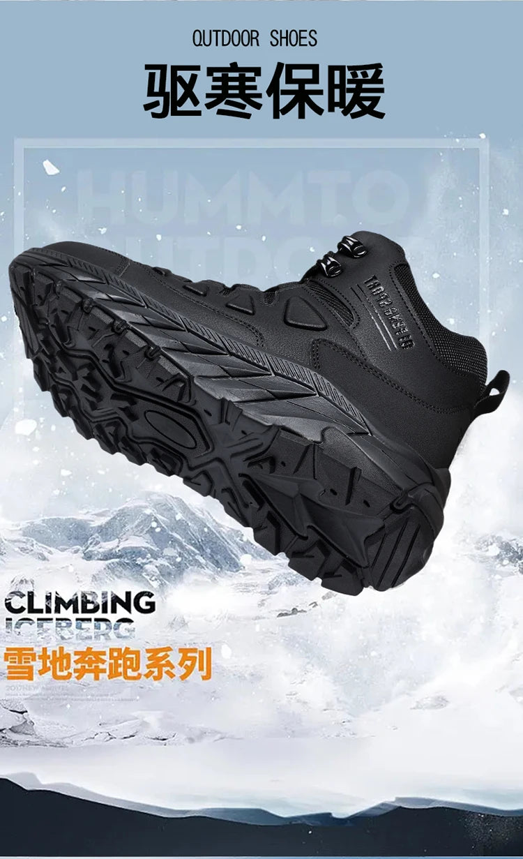 Large Size 48 Leather Hiking Boots Mens Winter Outdoor Warm Fur Non Slip 2025 Fashion Hike Ankle Boot Black Hunting Boots Rubber