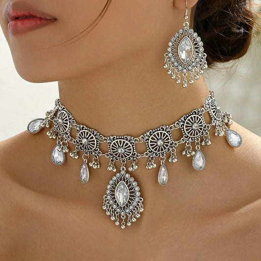 2pcs Vintage Indian Ethnic  Style Jewelry Set For Women Crystal  Inlaid Jewelry Sets  Water Drop Pendant Necklace Earring Set