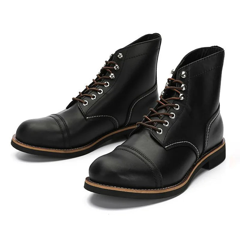 KOWM Hiking shoes cowhide men's trekking boot British ankle casual sneakers trekking shoes thick soled high top motorcycle boots