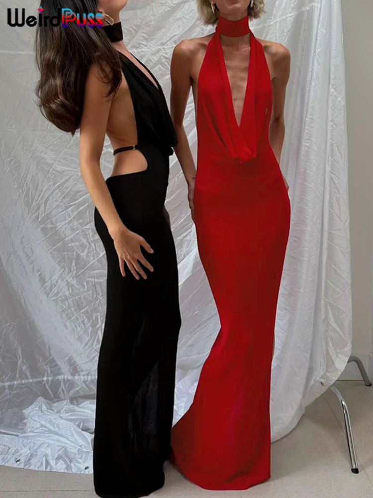 Weird Puss Hollow Halter Dress Women Low-Neck Backless Sexy Sleeveless Slits Robe Trend Midnight Banquet Coquettish Long Bodycon