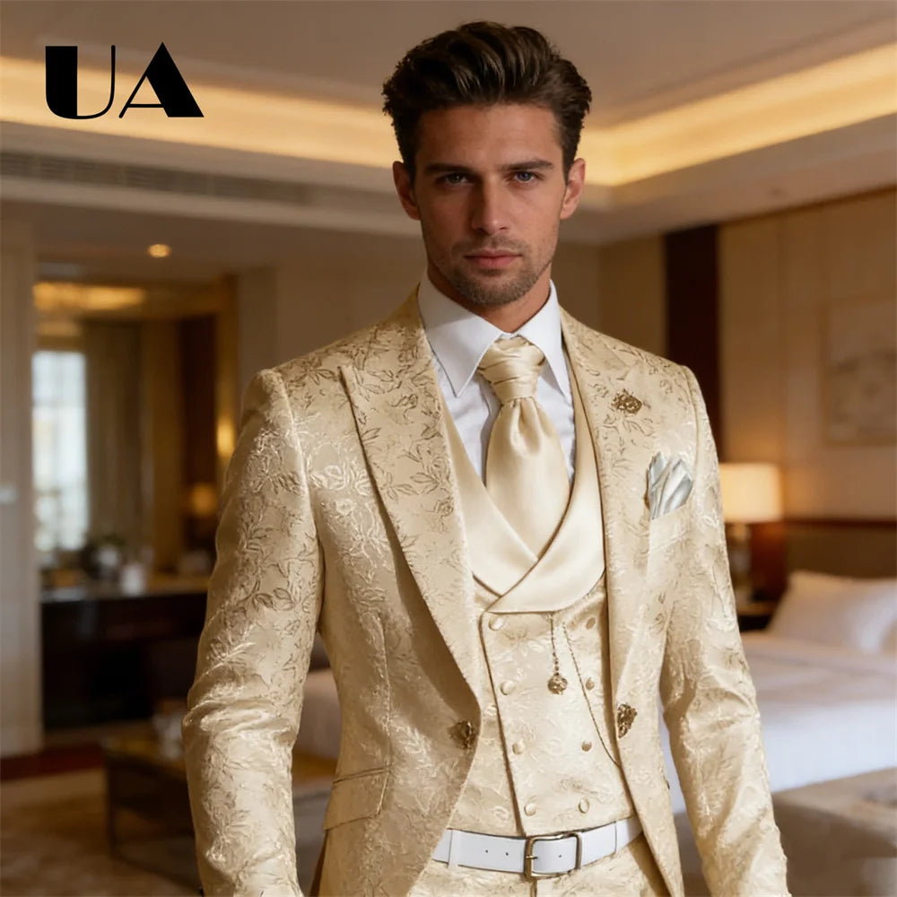Custom Tailored Mens Three Piece Wedding Suit Jacket Pants Waistcoat Jacquard Prom Suit Attires Blazer Trousers Vest