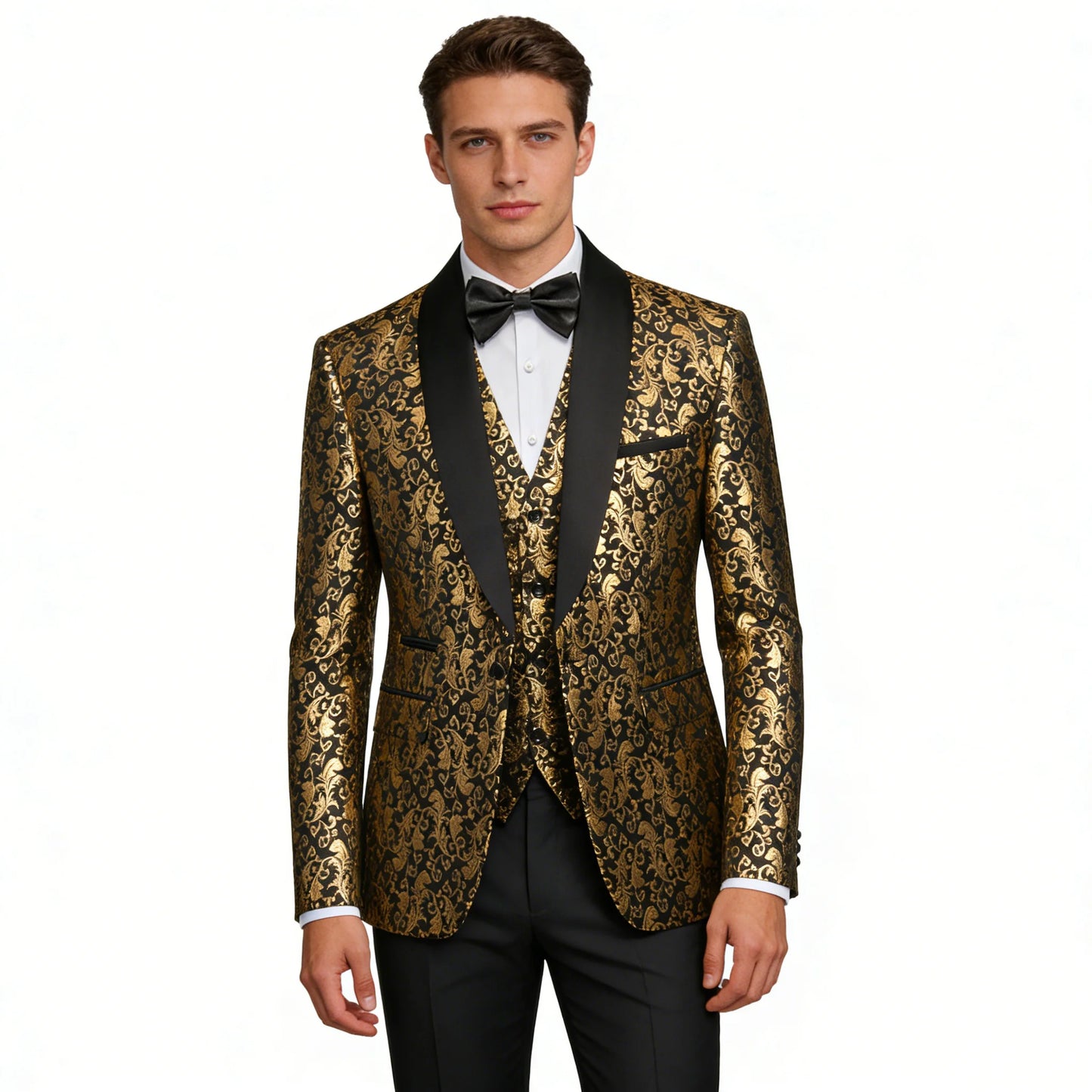 Men's 2026 New 3-Piece Tuxedo Suit Set Gold Jacquard Satin Fabric Black Lapel Contrast Color Pants Formal Evening Party Prom Wed