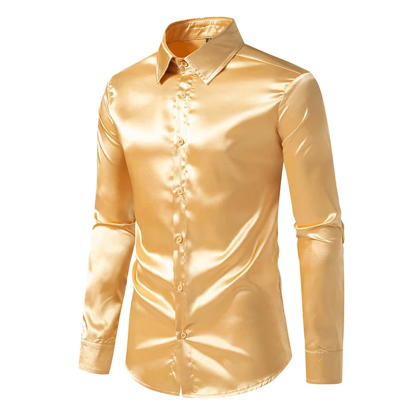 Men's Black Satin Luxury Dress Shirts Fashion Silk Smooth Tuxedo Shirt Solid Wedding Party Prom Casual Shirt Business Office