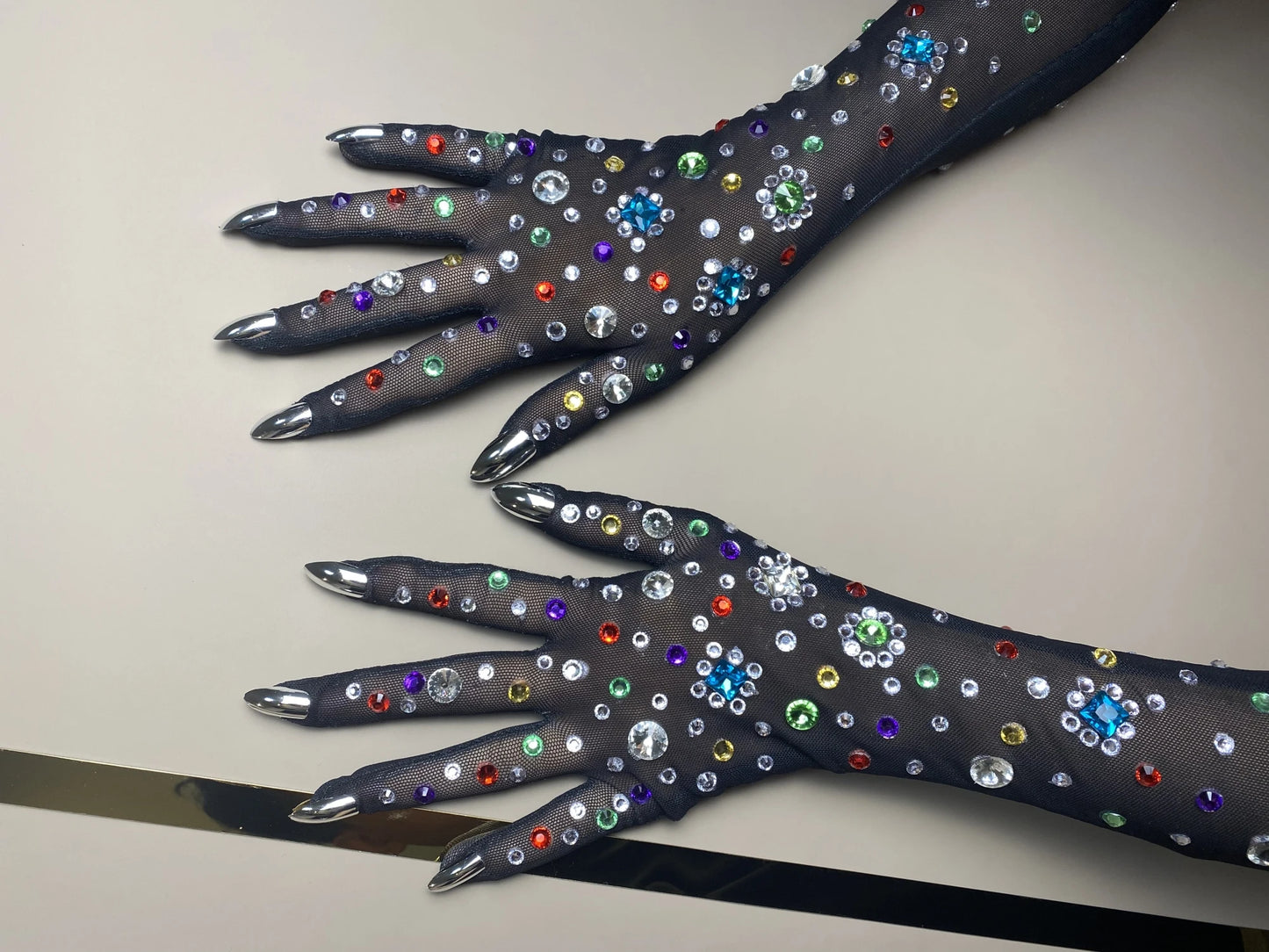 Luxurious Stretch Rhinestone Gloves WomenSparkling Crystal Mesh Long Perspective GlovesDancer Singer Stage Wear Accessories  7G