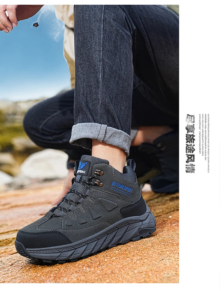 Large Size 48 Leather Hiking Boots Mens Winter Outdoor Warm Fur Non Slip 2025 Fashion Hike Ankle Boot Black Hunting Boots Rubber