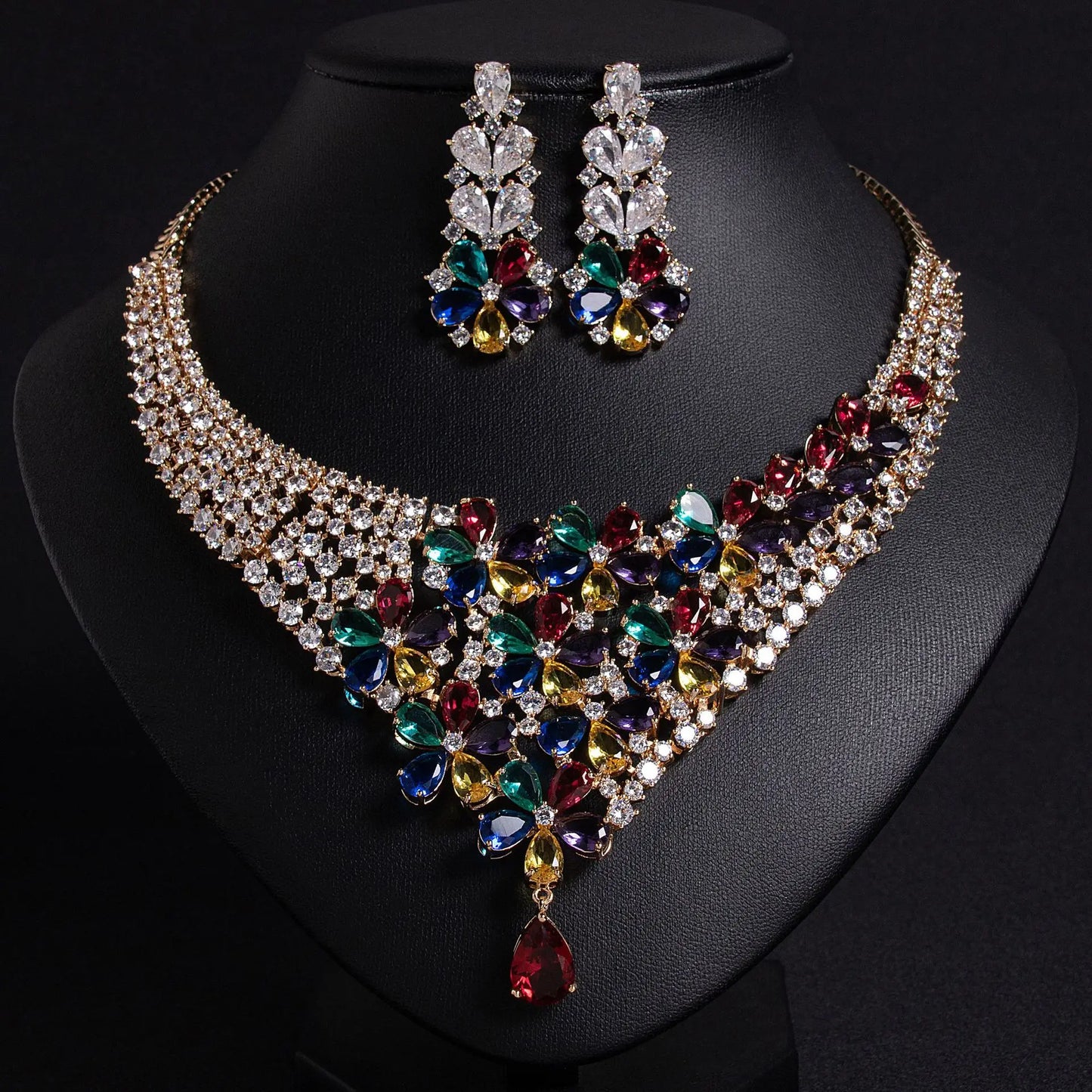 Gorgeous Atmosphere Colourful Flower Necklace Earrings Fine Glitter Jewellery 2 Pcs Set Nigerian Women Wedding Party Dress M-589