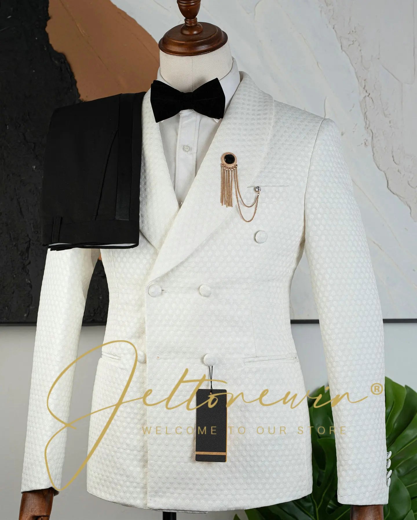 Blue Gold Jacquard Double Breasted Suit for Men Shawl Lapel Slim Fit Luxurious Fashion Statement Wedding Groom Stage Wear homme