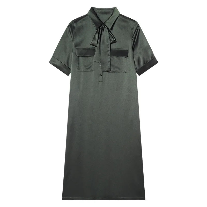 Army Green Satin Silk Dress Summer New Fashion Waist Cinching Temperament Dress, 100% Mulberry Silk A-line Workwear