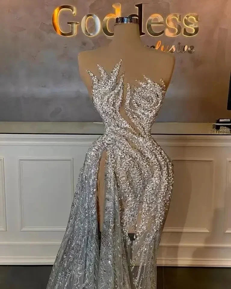 Sparkly Evening Dresses Mermaid Slit Beaded Women Luxury Middle East Saudi Arabia Dubai Robe De Soiree Prom Gown Customized