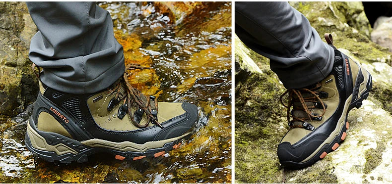MERRTO cowhide Hiking shoes Men trekking boot mountian waterproof hunting Boots Male Sneakers Tactical Desert Combat Ankle Boots