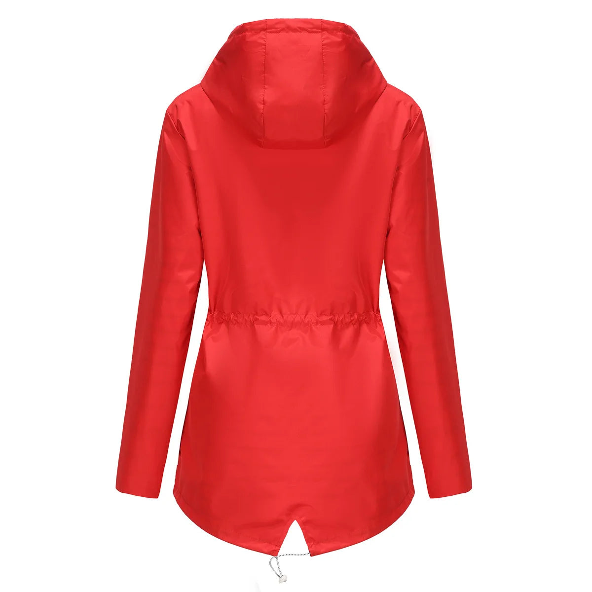 Red Waterproof Hooded Jacket, Women Fashion Casual Coat, Waist Drawstring Tie Zipper Switch Blue Green Yellow Black Windbreaker