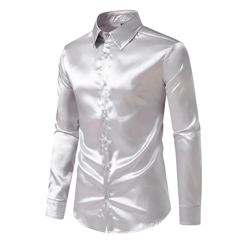 Men's Black Satin Luxury Dress Shirts Fashion Silk Smooth Tuxedo Shirt Solid Wedding Party Prom Casual Shirt Business Office
