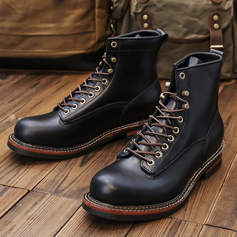 KOWM Hiking shoes cowhide men's trekking boot British ankle casual sneakers trekking shoes thick soled high top motorcycle boots