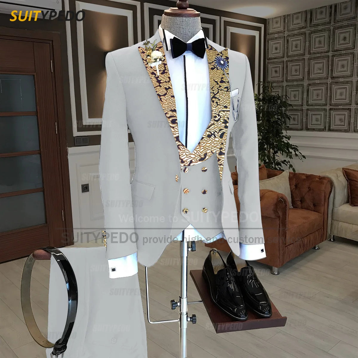 Luxury Men Suits Gold Printed Collar Formal Prom Male Elegant Costume Jacket Vest Pants 3 Pieces Wedding Party Fashion Tuxedos