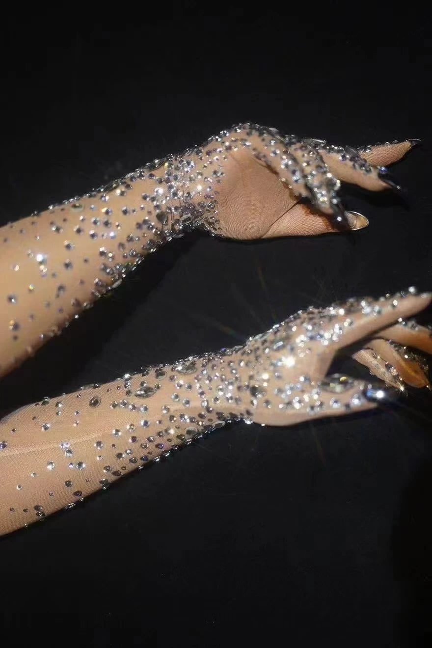 Luxurious Stretch Rhinestone Gloves WomenSparkling Crystal Mesh Long Perspective GlovesDancer Singer Stage Wear Accessories  7G