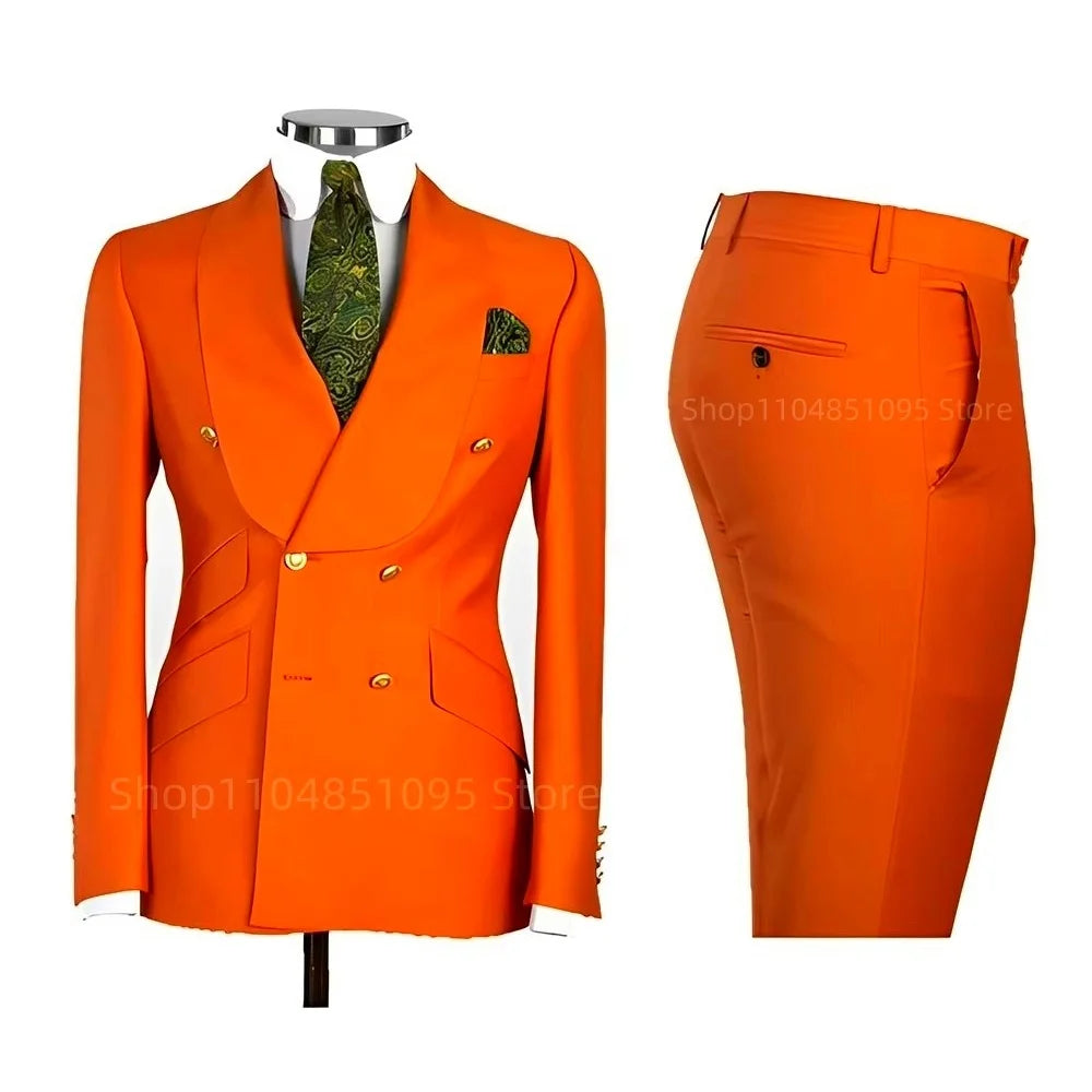 2 PCS Men's Smart Casual Solid Formal Tuxedo Suits with Shawl Lapel Double Breasted Jacket And Pants for Business And Wedding