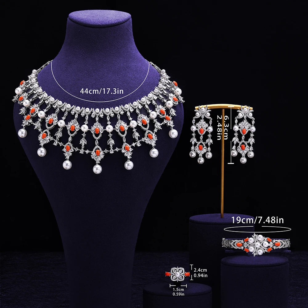 2024 New Pearl Jewelry Sets For Women Wedding Party Accessories Luxury CZ Dubai African 4-piece Bridal Jewelry Set