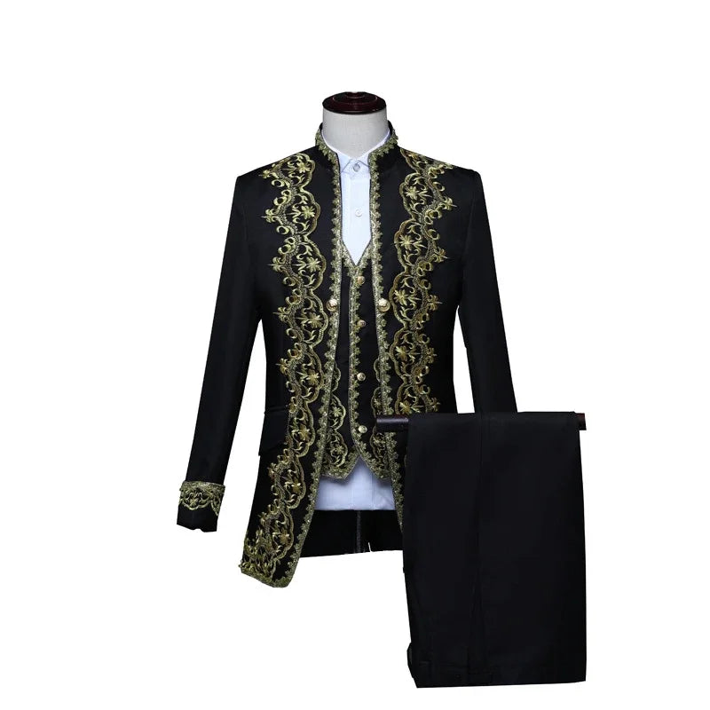 European Gold Vintage Tuxedo Men's Suit 3-Piece, Black Opera,Stage Performance Costume,White Men Sets S,M,L,XXL,3XL,4XL