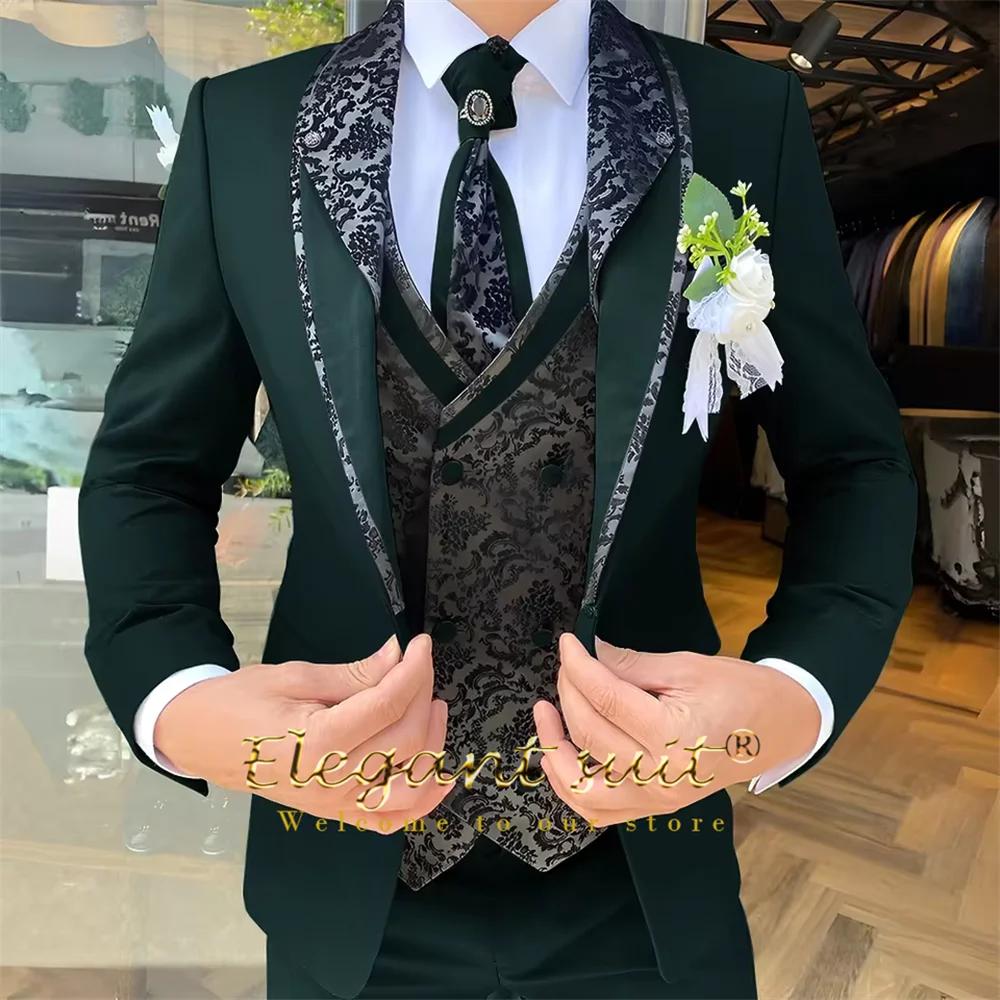 Men's 3-Piece Suit Set, Black Jacquard Vest, Contrast Style, Suit, Vest & Trousers, Weddings & Celebrations Choice