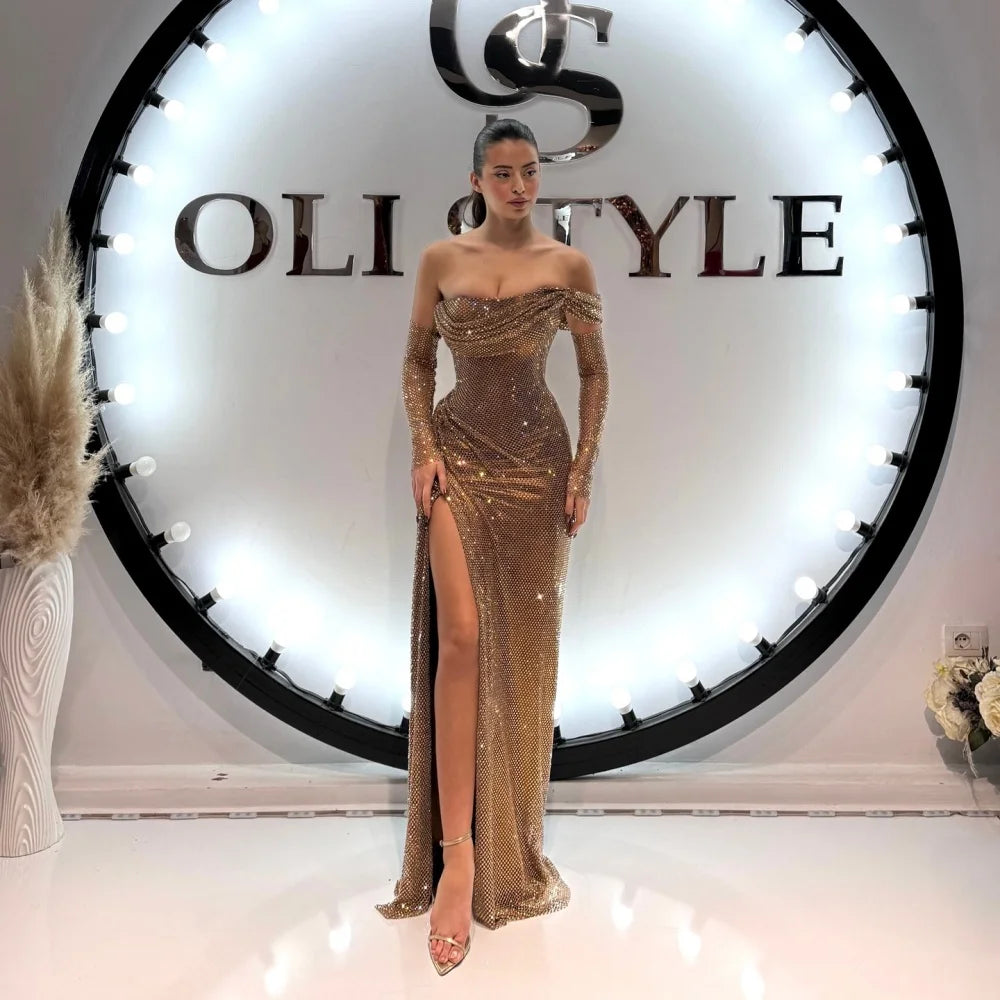 Bella Customized Champagne Side Slit robes de soirée One Shoulder Sequins Sleeveless Evening Dresses Floor-Length Wedding Dress