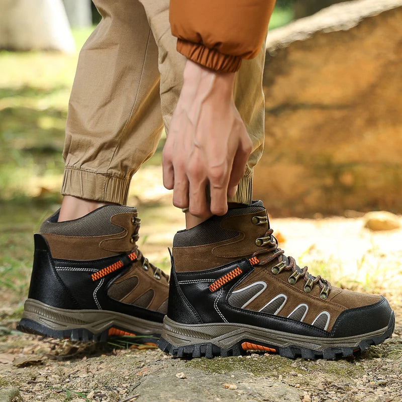 Mens Trekking Boots Thick Soles Wear-resistant Suede Leather Breathe Lace Up Sneakers Winter Warmth Comfort Camping Hiking Shoes