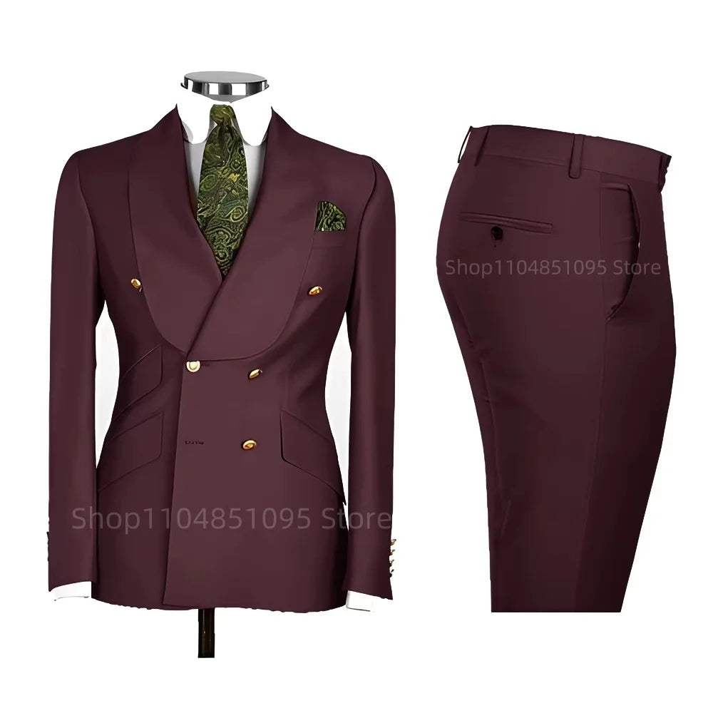 2 PCS Men's Smart Casual Solid Formal Tuxedo Suits with Shawl Lapel Double Breasted Jacket And Pants for Business And Wedding