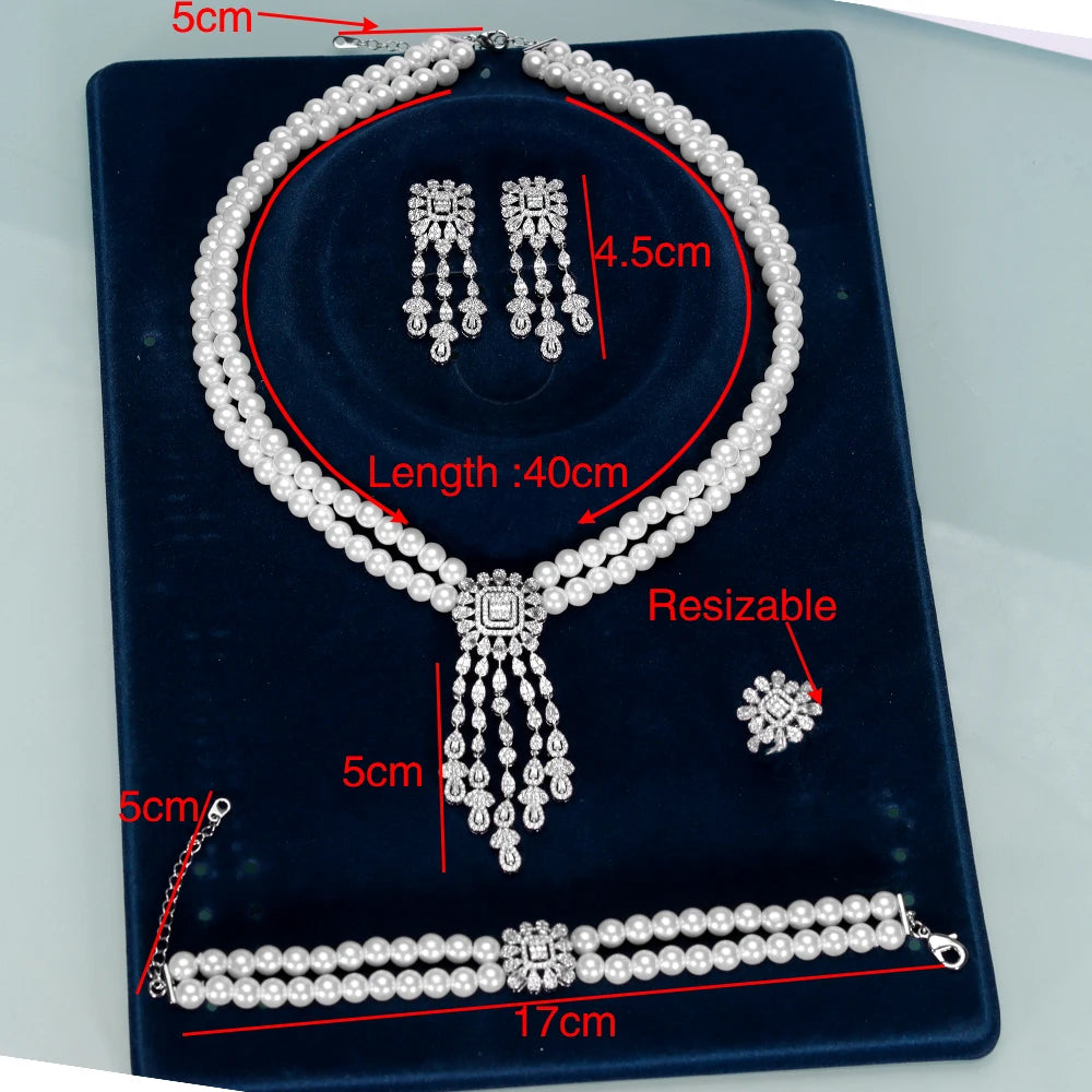 New Trendy Double Row Pearl Tassel Necklace Earring 4PCS For Women Wedding Party Full Zircon Dubai Bridal Jewelry Set Gift